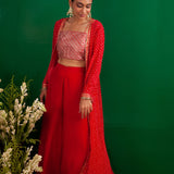 RED BANDHANI NAAZ JACKET WITH CROP TOP AND PALLAZO PANTS
