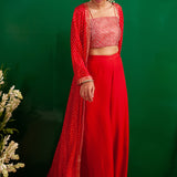 RED BANDHANI NAAZ JACKET WITH CROP TOP AND PALLAZO PANTS