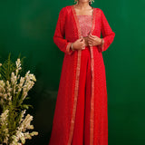 RED BANDHANI NAAZ JACKET WITH CROP TOP AND PALLAZO PANTS