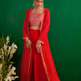 RED BANDHANI NAAZ JACKET WITH CROP TOP AND PALLAZO PANTS