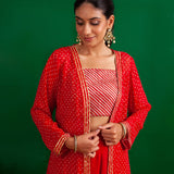 RED BANDHANI NAAZ JACKET WITH CROP TOP AND PALLAZO PANTS