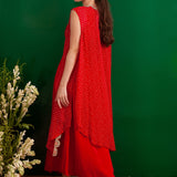 RED BANDHANI TASHA CAPE AND DRESS SET