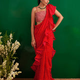 SHAHEEN ABBAS | TOMATO RED BANDHNI DRAPED RARA SAREE, GOTA CROP TOP AND BELT
