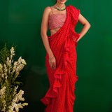 SHAHEEN ABBAS | TOMATO RED BANDHNI DRAPED RARA SAREE, GOTA CROP TOP AND BELT