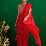 SHAHEEN ABBAS | TOMATO RED BANDHNI DRAPED RARA SAREE, GOTA CROP TOP AND BELT