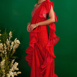 SHAHEEN ABBAS | TOMATO RED BANDHNI DRAPED RARA SAREE, GOTA CROP TOP AND BELT