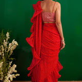SHAHEEN ABBAS | TOMATO RED BANDHNI DRAPED RARA SAREE, GOTA CROP TOP AND BELT