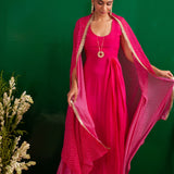 FUSCHIA BANDHANI RUMI CAPE AND DRESS SET
