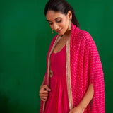 FUSCHIA BANDHANI RUMI CAPE AND DRESS SET