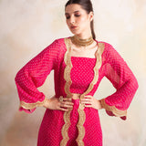 FUSCHIA BANDHANI  GEORGETTE NAAZ JACKET WITH CROP TOP AND PANTS SET