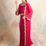 FUSCHIA NAAZ JACKET WITH CROP TOP AND PANTS SET