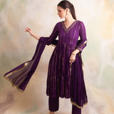 PURPLE VIANA ANARKALI KURTA WITH PANTS AND DUPATTA SET