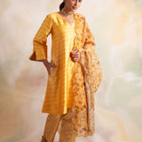 MUSTARD GAURI KURTA WITH PANTS AND ODHANI SET OF THREE