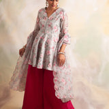 GREY AND RUBY RED SHAINA PEPLUM TOP WITH PANTS AND ODHANI SET