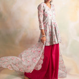 GREY AND RUBY RED SHAINA PEPLUM TOP WITH PANTS AND ODHANI SET