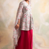 GREY AND RUBY RED SHAINA PEPLUM TOP WITH PANTS AND ODHANI SET
