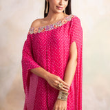 PINK BANDHANI RIMI OFF SHOULDER DRESS