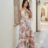 IVORY MULTI ISHNA DRAPED SAREE WITH HEAVY GOTA BLOUSE AND BELT-SET OF THREE