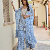 BLUE RHEA CAPE, CROP TOP AND FLAIR PANTS SET OF THREE