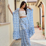 BLUE RHEA CAPE, CROP TOP AND FLAIR PANTS SET OF THREE