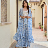 BLUE RHEA CAPE, CROP TOP AND FLAIR PANTS SET OF THREE