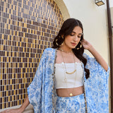 BLUE RHEA CAPE, CROP TOP AND FLAIR PANTS SET OF THREE