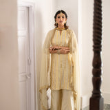 CREAM VEERA KURTA WITH SHAHRARA AND ODHANI - SET OF THREE