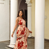 MITALI WADHWA | RED FLORAL SUHANA ONE SHOULDER TOP, SKIRT & BELT SET