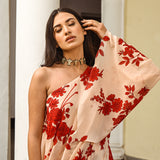 MITALI WADHWA | RED FLORAL SUHANA ONE SHOULDER TOP, SKIRT & BELT SET
