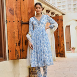 BLUE ADAH ANARKALI, CHURIDAR AND ODHANI SET OF THREE