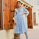 BLUE ADAH ANARKALI, CHURIDAR AND ODHANI SET OF THREE