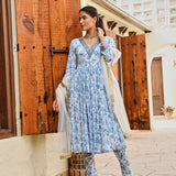 BLUE ADAH ANARKALI, CHURIDAR AND ODHANI SET OF THREE