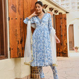 BLUE ADAH ANARKALI, CHURIDAR AND ODHANI SET OF THREE