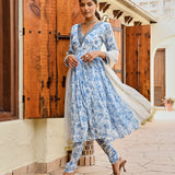 BLUE ADAH ANARKALI, CHURIDAR AND ODHANI SET OF THREE