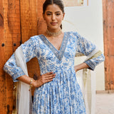 BLUE ADAH ANARKALI, CHURIDAR AND ODHANI SET OF THREE