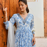 BLUE ADAH ANARKALI, CHURIDAR AND ODHANI SET OF THREE