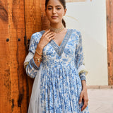 BLUE ADAH ANARKALI, CHURIDAR AND ODHANI SET OF THREE