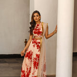 BEIGE AND RED DISHA CROP TOP , LEHENGA & ODHANI SET OF THREE