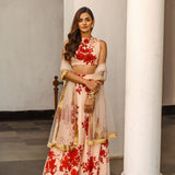 BEIGE AND RED DISHA CROP TOP , LEHENGA & ODHANI SET OF THREE