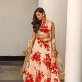BEIGE AND RED DISHA CROP TOP , LEHENGA & ODHANI SET OF THREE