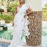 RENEE SEN | WHITE RARA DRAPED SAREE WITH GOTA CROP TOP AND BELT SET OF THREE
