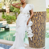 RENEE SEN | WHITE RARA DRAPED SAREE WITH GOTA CROP TOP AND BELT SET OF THREE