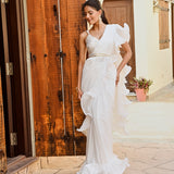 RENEE SEN | WHITE RARA DRAPED SAREE WITH GOTA CROP TOP AND BELT SET OF THREE