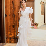 RENEE SEN | WHITE RARA DRAPED SAREE WITH GOTA CROP TOP AND BELT SET OF THREE