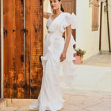 RENEE SEN | WHITE RARA DRAPED SAREE WITH GOTA CROP TOP AND BELT SET OF THREE