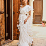 RENEE SEN | WHITE RARA DRAPED SAREE WITH GOTA CROP TOP AND BELT SET OF THREE