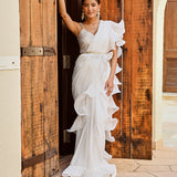 RENEE SEN | WHITE RARA DRAPED SAREE WITH GOTA CROP TOP AND BELT SET OF THREE
