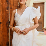 RENEE SEN | WHITE RARA DRAPED SAREE WITH GOTA CROP TOP AND BELT SET OF THREE