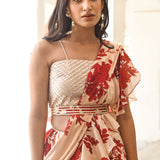 DIPTI DHILLON | BEIGE AND RED ISHNA DRAPED SAREE , BELT AND EMBELLISHED CROP TOP