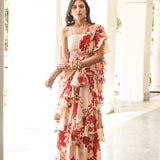 DIPTI DHILLON | BEIGE AND RED ISHNA DRAPED SAREE , BELT AND EMBELLISHED CROP TOP